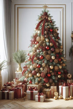 a decorated christmas tree with presents under it