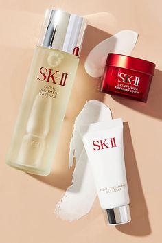 This three-piece set features SK-II's Pitera Facial Treatment Essence, Facial Treatment Cleanser, and Skinpower Airy Milky Lotion. Ideal for all skin types, the trio helps to combat dark spots, fine lines and wrinkles, and dryness. Treatment Cleanser: Apply morning and evening before toner. Treatment Essence: Apply after toner and before moisturizer in the morning and evening. Skinpower Lotion: Use morning and evening after serum and before eye cream. | PITERA Power Set by SK-II in White at Anth Sk Ii Essence, Sk Ii Skincare, Chanel Hydra Beauty, Wedding Skincare, Routine Ideas, Skincare Brands, Skin Care Collection, Beauty Gadgets, Sk Ii