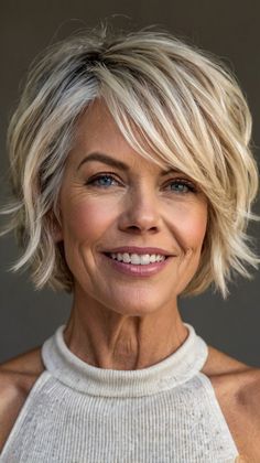 🎭✨ Innovative Icy Blonde Stylish Short Hairstyles for Women Over 50 Inspiration 🌺💎 Heather Hiscox Hair, "bixie" Haircut 2024 Fine Hair, Medium Short Hair Styles, Chin Length Hair, Cute Haircuts, Easy Morning