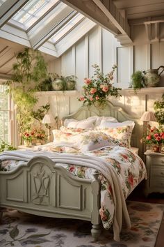 a white bed sitting under a skylight in a bedroom next to two tables and lamps