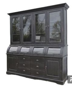 an old - fashioned black china cabinet with glass doors on the top and bottom drawers