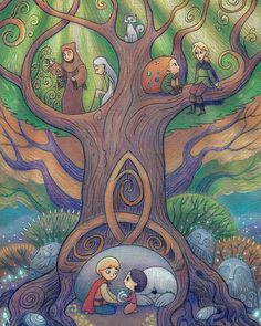 a painting of people sitting in the middle of a tree with an animal and other animals