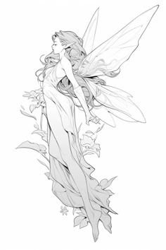 a black and white drawing of a fairy