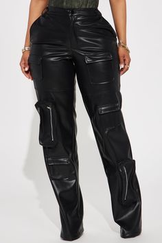 Available In Black And Olive. Faux Leather Pant Mid Rise Button & Zip Closure Cargo Pocket Straight Leg Non Stretch Shell Coating: 100% Polyurethane Base Fabric/Lining: 100% Polyester Imported | Never Too Late Faux Leather Cargo Pant in Black size 1X by Fashion Nova Leather Cargo Pants, Future Wardrobe, Leather Pant, Cargo Pocket, Never Too Late, Cargo Pant, Faux Leather Pants, Too Late, Cargo Pants