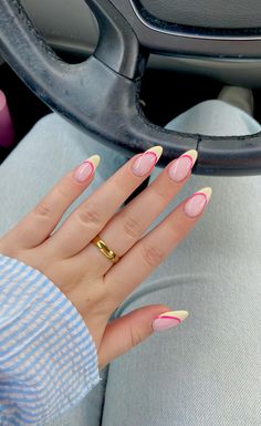 yellow nail inspo. yellow and pink french tip nails. summer nails 2024. bright summer nails. pink and yellow nail ideas for spring and summer. cool girl nails. clean girl nails. fun and funky cool nails. #summer #nails #summernails #nailinspo #brightnails Pink And Yellow Tip Nails, Purple And Yellow French Tip Nails, Nails Almond Back To School, Summer Clean Girl Nails, Preppy Summer Nail Designs, Cute Pink And Yellow Nails, Yellow And Hot Pink Nails, Yellow French Tips Nails, Blue And Yellow French Tip Nails