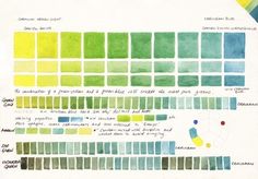 the color chart shows different shades of green, yellow, and blue on white paper