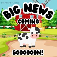 a black and white cow standing in front of a red barn with the words, big news coming soon