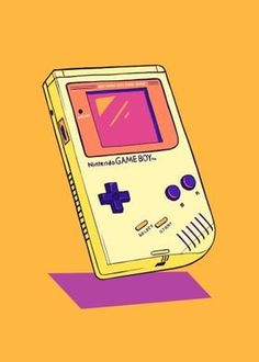 an old nintendo gameboy sitting on top of a purple and yellow background with the words nintendo game boy above it