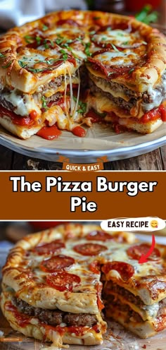 the pizza burger is cut in half and served on a plate with one slice taken out