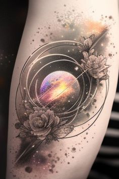 a woman's thigh with flowers and planets in the center on her leg,