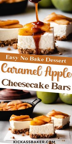 caramel apple cheesecake bars with apples in the background and text overlay reading easy no bake dessert caramel apple cheesecake bars