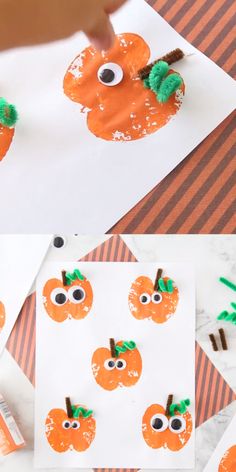 an orange craft with googly eyes and carrots on it is being used to make pumpkin faces