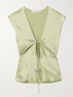 Christopher Esber’s ‘Triquetra’ tank will make a beautiful addition to your warm-weather wardrobe. It’s cut from fluid silk-satin and has a generous V-neckline with adjustable ties and two discrete cutouts. Luxury Summer Tops, Luxury Designer Tops, Satin Undershirt, Christopher Esber, 2023 Trends, Satin Top, Fall 2023, Green Silk, Silk Top