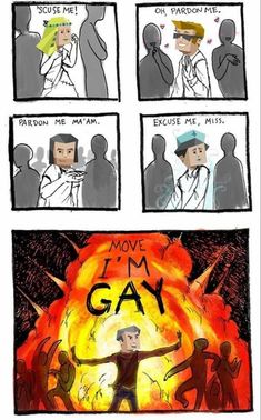 a comic strip with the words move i'm gay written on it and an image of