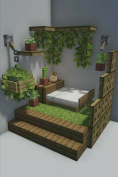 a bed sitting on top of a wooden platform next to a plant filled wall mounted above it