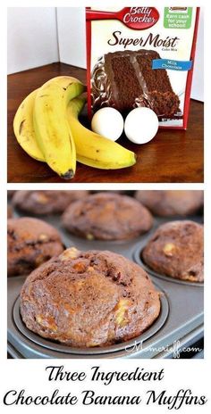 three ingredients for chocolate banana muffins in a muffin tin