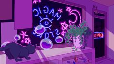 a purple room with a black cat on the window sill and a neon sign that says magic store