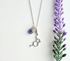 Silver serotonin molecule necklace with personalized birthstone. This necklace makes for a unique and special gift. Choose a Birthstone color for necklace personalization then add to cart to purchase shipping times vary during certain times of the year but please reach out if you need a rush on your order. handmade and assembled with love and care Serotonin Necklace, Chemistry Jewelry, Serotonin Molecule, Molecule Necklace, Birthstone Colors, Charm Gift, Special Gift, Chemistry, Silver Necklaces