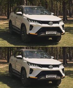 two different views of the front and side of a white suv