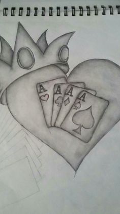 a drawing of three playing cards in the shape of a heart with two crowns on top