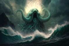 an octopus in the ocean with lightning coming out of it's mouth and surrounded by waves