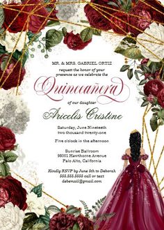 an ornate wedding card with roses and flowers in the middle, on top of a white background