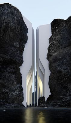 an artistic rendering of a futuristic building in the middle of some rocks and water with its doors open