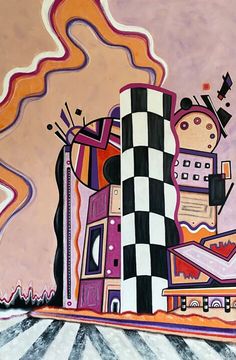 an abstract painting with lots of different things in the background, including a building and checkerboard pattern