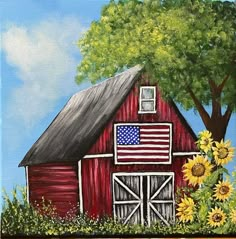 a painting of a red barn with an american flag on the roof and sunflowers