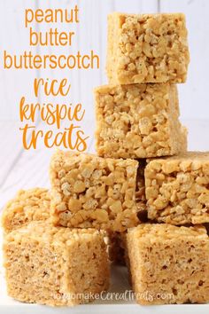 peanut butter butterscotch rice krispy treats stacked up on top of each other