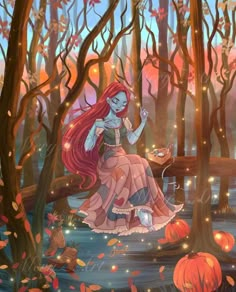 the little mermaid is sitting in the woods with pumpkins around her and looking at something