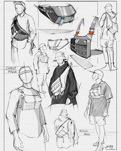 some sketches of people standing around and looking at something