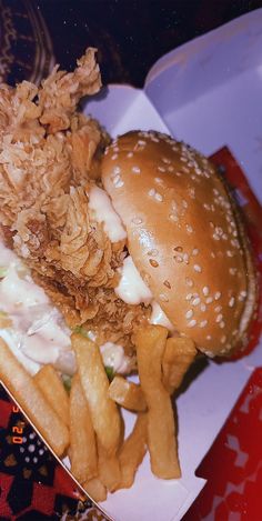 a chicken sandwich and french fries in a box