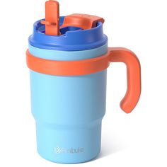 a blue and orange coffee cup with an orange handle on the top is sitting in front of a white background