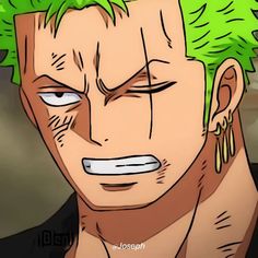 an anime character with green hair and piercings on his ears is staring at the camera