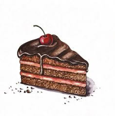 a drawing of a piece of cake with a cherry on top and chocolate frosting