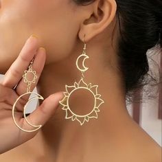 Sun And Moon Earrings New Spell Designs, Gold Sun, Alloy Earrings, Mismatched Earrings, Eid Al Fitr, Gold Moon, Moon Earrings, Sun And Moon, Gold Drop Earrings