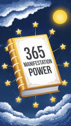 an open book with the words 350 manfestation power above it and stars in the sky