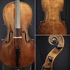 four different views of an old violin, including the back and side of the cello