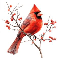 a red bird sitting on top of a tree branch with berries around it's branches