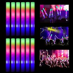 multiple images of people at a concert with colored lights