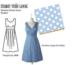 a blue dress with white polka dots on it and the words, make this look