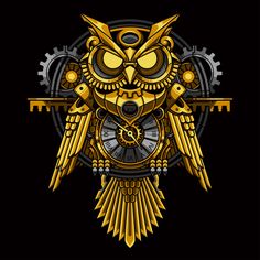 an owl clock with gears in the shape of a face on a black background illustration