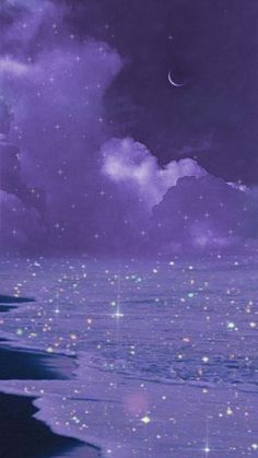 an ocean scene with stars and clouds in the night sky above it is a full moon