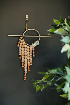 a wooden beaded dream catcher hangs on a wall next to a potted plant