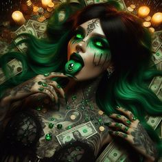 a woman with green hair and makeup is surrounded by money