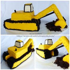 three pictures of a yellow and black cake with a bulldozer on the side