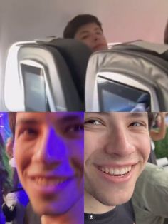 four different pictures of people smiling and looking at the same person's face with their cell phones in front of them