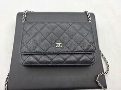 (eBay) The P116 at the end is our inventory number. This item is lightly used, it has a micro defect on the top right corner. :W 7.5" x H 5" x D 1". Chanel Pearl Wallet, Wallet On Chain, Chanel Caviar, Chain Bag, Wallet Chain, Chain Bags, The Top, The End, Chanel