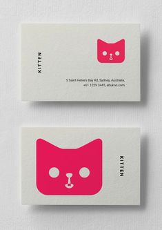 two business cards with pink and white designs on the front one has a cat's head